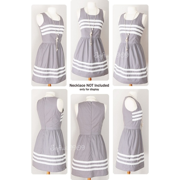 Gray White Lace Trim 100% Cotton Cute A line Dress - Picture 4 of 8